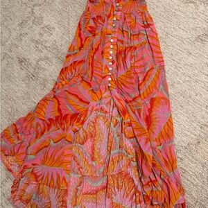 Cynthia Rowley Pink & Orange Tropical Leaf Maxi Skirt